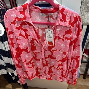 Red and Pink Floral Collar Long Sleeve Blouse